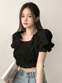 YCYC 夏季甜美純色休閒花瓣袖方領上衣 - 黑色 - 查看 7