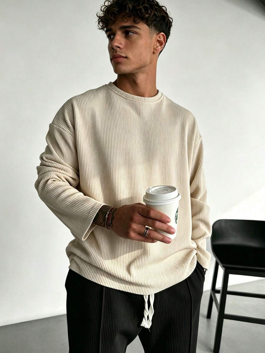 Men's Old Money Casual Sports Striped Long Sleeve T-Shirt, Autumn Style - Apricot - View 1