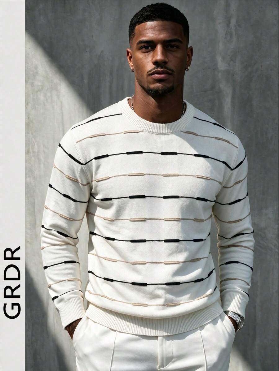 GRDR Men's Knit Sweater, Solid Color Long Sleeve, Suitable For Autumn/Winter Outings, Fashion Essential - White - View 1