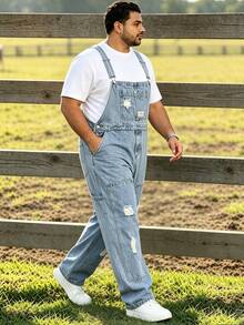 Men's Plus Size Denim Overalls With Letter Patch And Ripped Details, Simple Fashion Casual Everyday - Light Wash - View 6