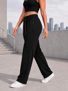 Women's Wide Leg Drawstring Pants With Zippered Pockets, Casual Athletic Trousers For Running, Training And Daily Wear - Black - View 4