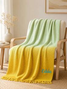 1PC Customizable Text Embroidered Gradient‑Tone Knit Blanket, Ombre‑Dyed Textured Throw Blanket In 4 Available Hues, Finished With Tassel Fringe Border, Decor Item For Bedroom Couch Sofa, Suitable Holiday Gift For Various Household Family Members - Multicolor - View 3