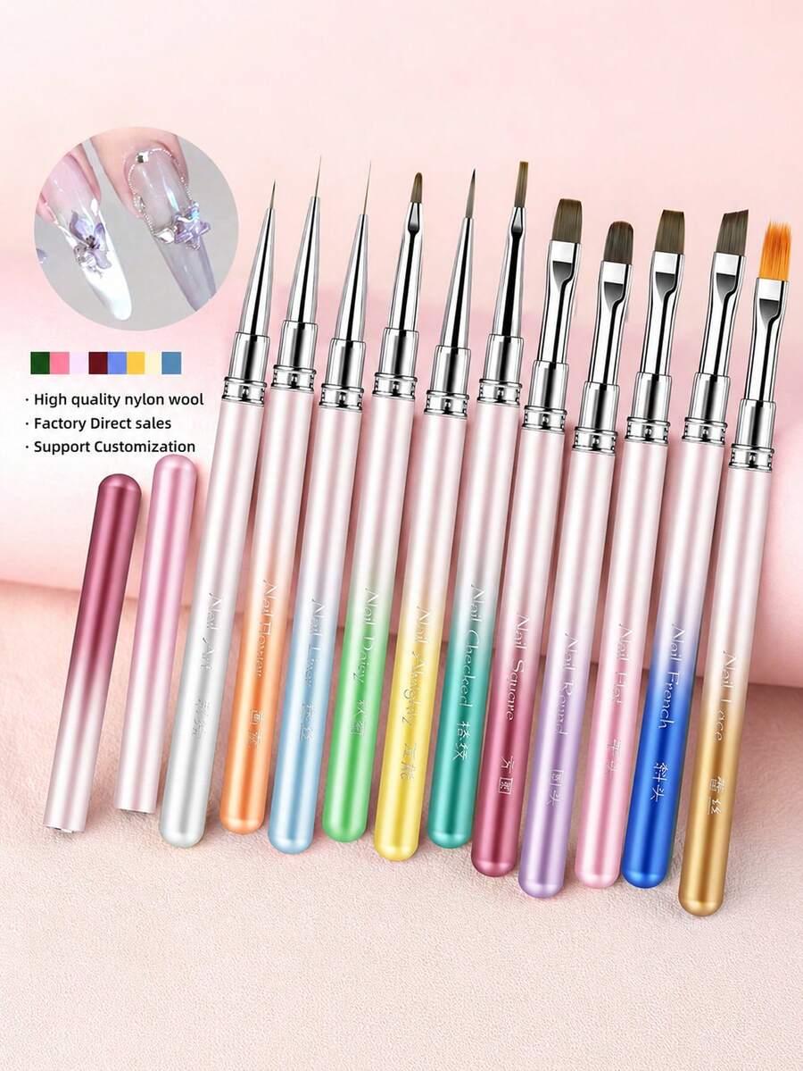 Gradient Metallic Nail Art Brush Dual Head Liner Painting Drawing Pen Colorful Sandblasted Handle UV Gel Polish Manicure Design Tool