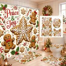 1pc/4pcs Christmas Snowflake Gingerbread Man Multi-Functional Bathroom Decor Shower Curtain Set, Free 12 Hooks, Premium Holiday Atmosphere, Bathroom Mat, U-Shaped Floor Mat And Round Toilet Lid Cover, Suitable For All Christmas Occasions - Snowflake Gingerbread Man - View 1