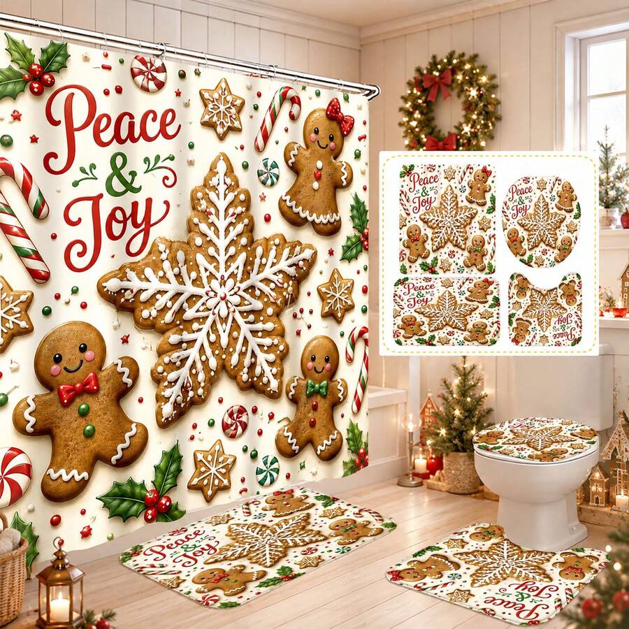 1pc/4pcs Christmas Snowflake Gingerbread Man Multi-Functional Bathroom Decor Shower Curtain Set, Free 12 Hooks, Premium Holiday Atmosphere, Bathroom Mat, U-Shaped Floor Mat And Round Toilet Lid Cover, Suitable For All Christmas Occasions - Snowflake Gingerbread Man - View 1