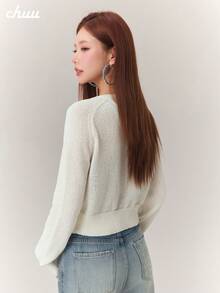CHUU Letter Zipper Long Sleeve Knit Cardigan Women Spring Autumn Light Blue Round Neck Short Jacket Top - White - View 2