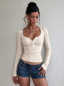 Jersey/Camiseta de manga larga acanalada de ajuste ceñido con botones para mujer Mystra, adecuado para las temporadas de verano y otoño/invierno - Albaricoque - Ver 1
