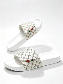 1 Pair Interlocking Plaid Pattern Sporty Slide Sandals, Outdoor Beach Slippers, Indoor Home Slippers, Suitable For Daily Wear, Soft Sole, Q-Bounce, Hook And Loop Adjustable - White - View 10