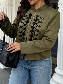 Autumn/Winter Solid Color Frog Button Stand Collar Long Sleeve Cropped Slim Fit Military Style Jacket, Plus Size Commuter Vintage Coat, Autumn Fashion - Army Green - View 3