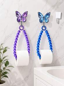 Butterfly Adhesive Hook Beaded Paper Towel Holder, No-Drill Wall-Mounted Roll Paper Rack, Luxury Rhinestone Decor, Quick Paper Replacement, Fits Kitchen Face Towels And Toilet Paper Rolls, Bathroom And Entryway Storage, Home Essential For Renters And Housewives, Back-To-School Home Decor Gift - Multicolor - View 1