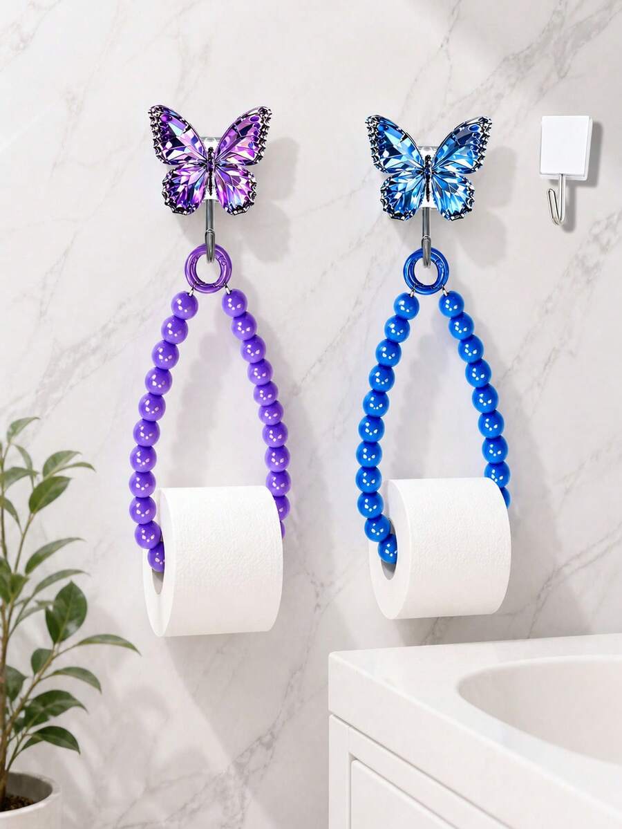 Butterfly Adhesive Hook Beaded Paper Towel Holder, No-Drill Wall-Mounted Roll Paper Rack, Luxury Rhinestone Decor, Quick Paper Replacement, Fits Kitchen Face Towels And Toilet Paper Rolls, Bathroom And Entryway Storage, Home Essential For Renters And Housewives, Back-To-School Home Decor Gift - Multicolor - View 1