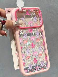 Casing HP Jendela Besar Dopamine Motif Bunga Cat Air Warna Blok Daun Hijau Bunga Merah Muda Ungu, Kompatibel dengan iPhone 18 Pro Max 18 Pro 17 Pro Max 17 Pro 16 Pro Max 15 Pro Max 14 Pro Max, Cangkang Lunak Transparan Tahan Guncangan - Batas merah muda - View 1