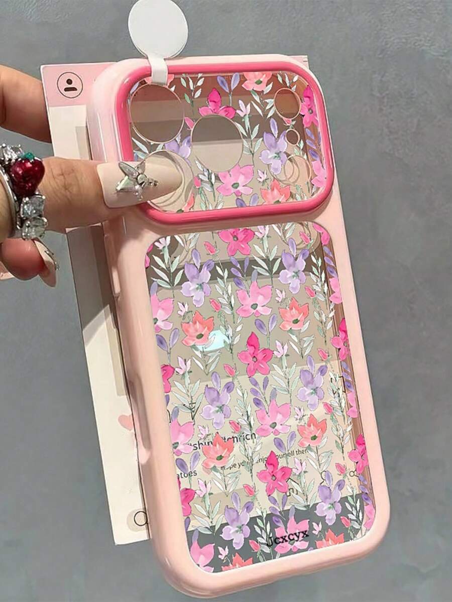 Casing HP Jendela Besar Dopamine Motif Bunga Cat Air Warna Blok Daun Hijau Bunga Merah Muda Ungu, Kompatibel dengan iPhone 18 Pro Max 18 Pro 17 Pro Max 17 Pro 16 Pro Max 15 Pro Max 14 Pro Max, Cangkang Lunak Transparan Tahan Guncangan - Batas merah muda - View 1