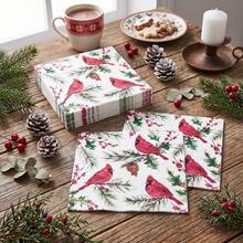 20/60/80 Pcs,Christmas Cardinal Bird Disposable Paper Dinner Tissues,2-Ply Red Cardinal Holly Berry Pine Cone Print Dessert Napkins,Holiday Tableware Supplies For Winter Gathering,Xmas Eve Dinner,New Year Celebration - Multicolor - View 2