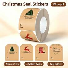 300pcs/Roll Christmas Kraft Paper Decorative Sealing Stickers 7.5*5cm Polygon Stickers 4 Patterns Baking Packaging Sealing Stickers Envelope Gift Sealing Stickers DIY Decorative Stickers Bottle Jar Label Stickers PVC Self-Adhesive Label Roll Stickers - Multicolor - View 1