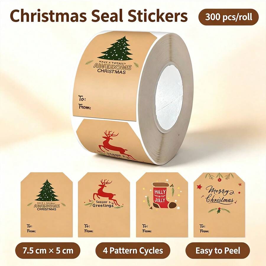 300pcs/Roll Christmas Kraft Paper Decorative Sealing Stickers 7.5*5cm Polygon Stickers 4 Patterns Baking Packaging Sealing Stickers Envelope Gift Sealing Stickers DIY Decorative Stickers Bottle Jar Label Stickers PVC Self-Adhesive Label Roll Stickers - Multicolor - View 1