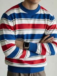 Men's Mercerized Striped Loose Drop Shoulder Crew Neck Long Sleeve Sweater - Blue - View 4