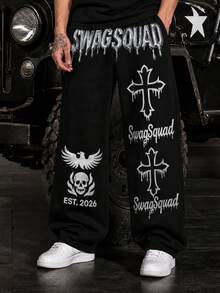 男士美式街頭風 SWAGSQUAD 金屬 3D 字母寬腿運動長褲 骷髏十字鷹圖案 - 黑色 - 查看 1