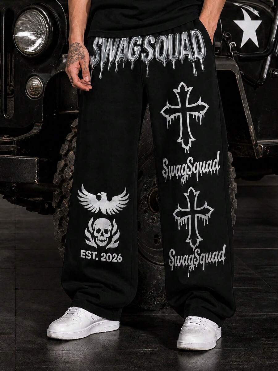 男士美式街頭風 SWAGSQUAD 金屬 3D 字母寬腿運動長褲 骷髏十字鷹圖案 - 黑色 - 查看 1