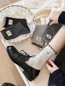 1/3 Pairs Women's Korean Vintage Ruffle Lace Striped Personalized Fabric Label Letter Daily Commute Versatile Mid-Calf Socks, Autumn/Winter - Multicolor - View 1