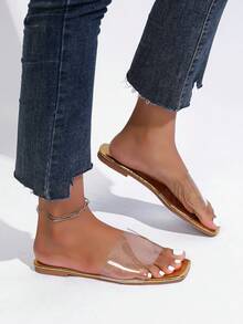 Solid Color Elegant Glossy Gold Flat Sandals Party Autumn/Winter Casual Comfortable Slip-On Slides - Gold - View 3