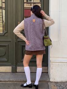 Women's Casual Wool Fleece High Neck Zip-Up Pocket Loose Jacket, Essential For Pet Owners, Autumn/Winter Outfit - Purple - View 3