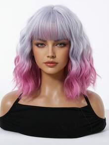 12 Inch Ombre Lilac To Pink Short Wavy Bob Wig For Women Straight Bangs Heat Resistant Synthetic Wig Colorful Cosplay Wig For Halloween Costume Party Carnival - Multicolor - View 2
