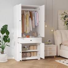 Wooden Wardrobe Armoire, Freestanding Bedroom Closet Cabinet With 2 Drawers, Adjustable Shelves And Spacious Storage, Multi-Functional Clothes Storage Organizer For Bedroom, Living Room And Home - White - View 11
