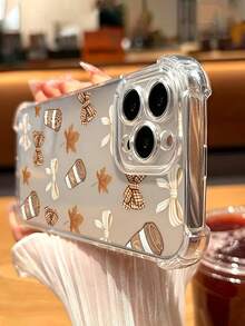 1pc Fashion Autumn Theme Coffee Cup Design Phone Case With Maple Leaf And Bow Print Pattern, Suitable For IPhone18 18pro 18promax 17 17pro 17 Pro Max, 16promax 16 Plus, 15, 14, 13, 12 And 11 Models, Autumn Fashion Phone Case - Clear - View 4
