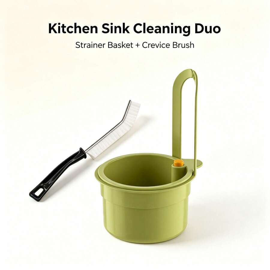 1/2pcs Hanging Sink Food Strainer Basket Set With Crevice Cleaning Brush, Press‑To‑Empty Kitchen Drain Residue Filter Catcher For Leftovers Fruit Vegetable
