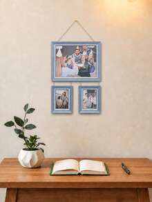 1pc Faux Wood 3-Piece Hanging Photo Frame Set, 10 Inch + 2pcs 5 Inch Jute Rope Connected Wall Hanging Photo Frames, Wedding Family Photo Wall Home Wall Decor - Multi-color - View 5