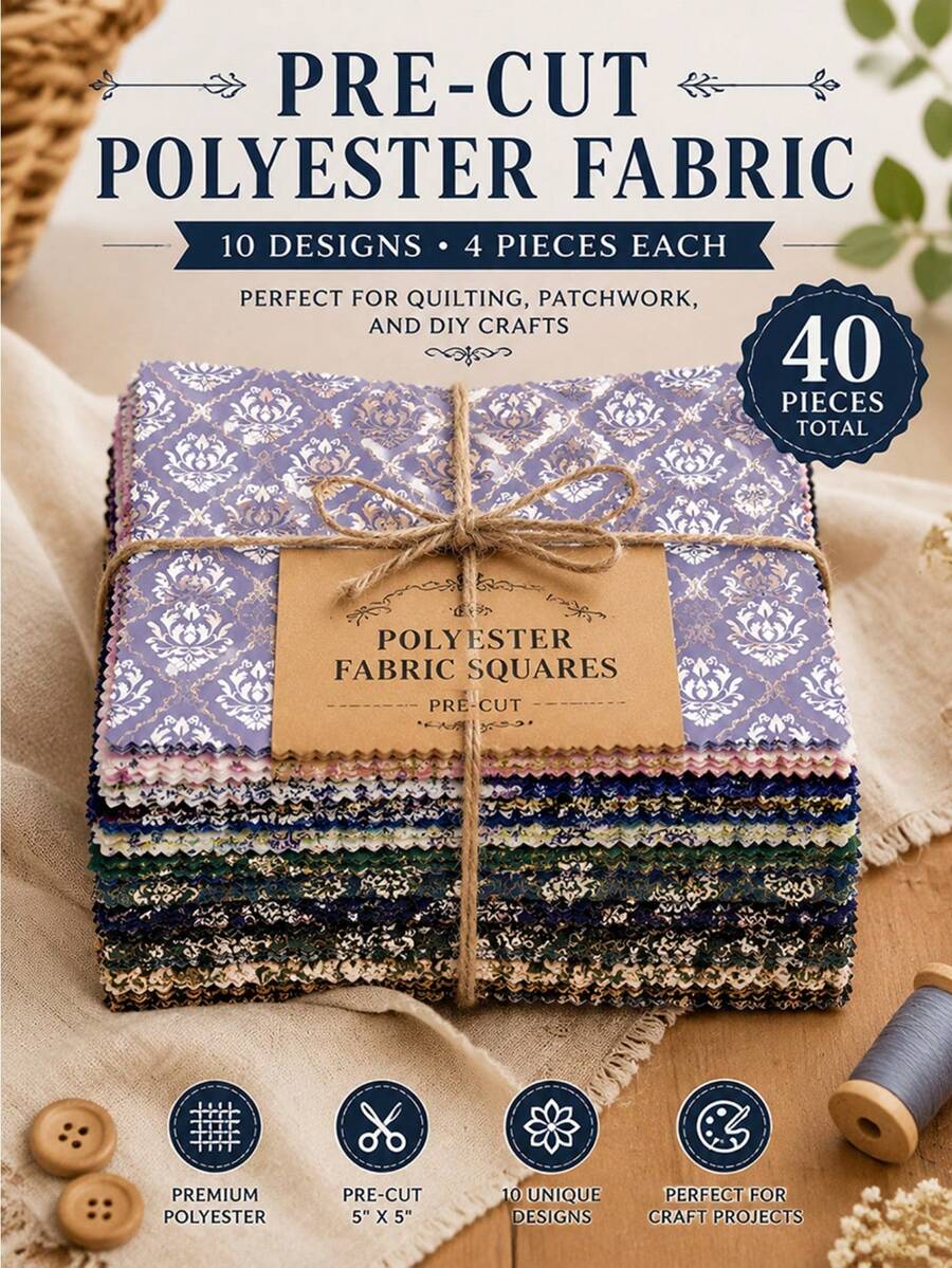 40Pcs 5*5 Inch 100% Polyester Precut Fabric Squares, Zigzag Edged Assorted Damask Floral Prints, Vintage Ornamental Pattern Patchwork Fabric For DIY Sewing Quilting Crafts - Multicolor(40pc) - View 1