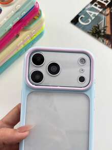 Two-Tone Pastel Blue & Pink Large Camera Window Phone Case, Frosted Clear Transparent Shockproof Soft TPU Protective Cover, Simple Plain Matte Phone Shell Compatible With IPhone14 15 16 17 18Pro Max, Minimalist Sweet Girly Cellphone Accessory - Multicolor - View 3