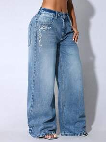 Low Waist Wide Leg Casual Blue Slant Pocket Curved Women Jeans Fall - Light Wash - View 6
