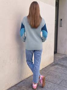 NZZOF Colorblock V-Shaped Pattern Crew Neck Drop Shoulder Sweater - Multicolor - View 2