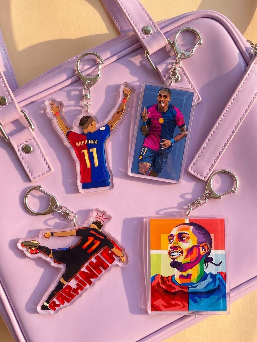 1Pc/4Pcs Raphinha Themed Acrylic Keychains, Featuring Jersey Back View, Celebration Pose, Shooting Silhouette And Colorful Pop Art Portrait Design, Fashionable Bag Charm, Suitable For Back To School, Gift For Football Fans, Exquisite Collection, All Season Use - Multicolor - View 1