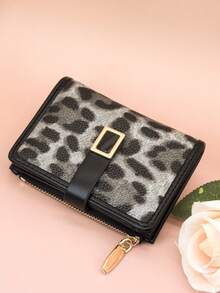 Classic Fashion Leopard Print Patchwork Short Wallet, Handheld PU Exquisite Snap Card Holder Document Organizer, Compact And Lightweight - Black - View 5