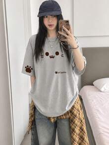 Women's Casual Loose Round Neck Cartoon Cat & Letter Print Short Sleeve T-Shirt, Summer - Light Gray - View 1