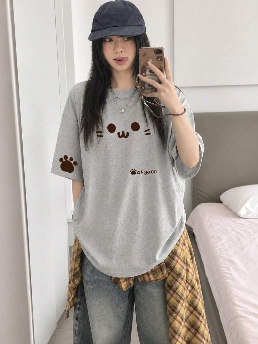 Women's Casual Loose Round Neck Cartoon Cat & Letter Print Short Sleeve T-Shirt, Summer - Light Gray - View 1