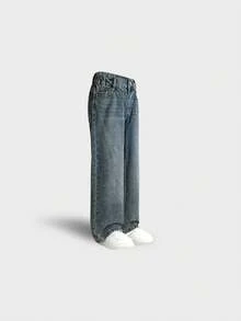 Love Baby 8-11Years Tween Boy Vintage Style Light Wash Wide Leg Jeans, New Sand-Washed Distressed Wash Process, Elastic Waistband, Adjustable Fit, No Zipper Design, Loose Fit Wide Leg Classic Versatile Denim Pants, Suitable For All Seasons - Light Wash - View 11