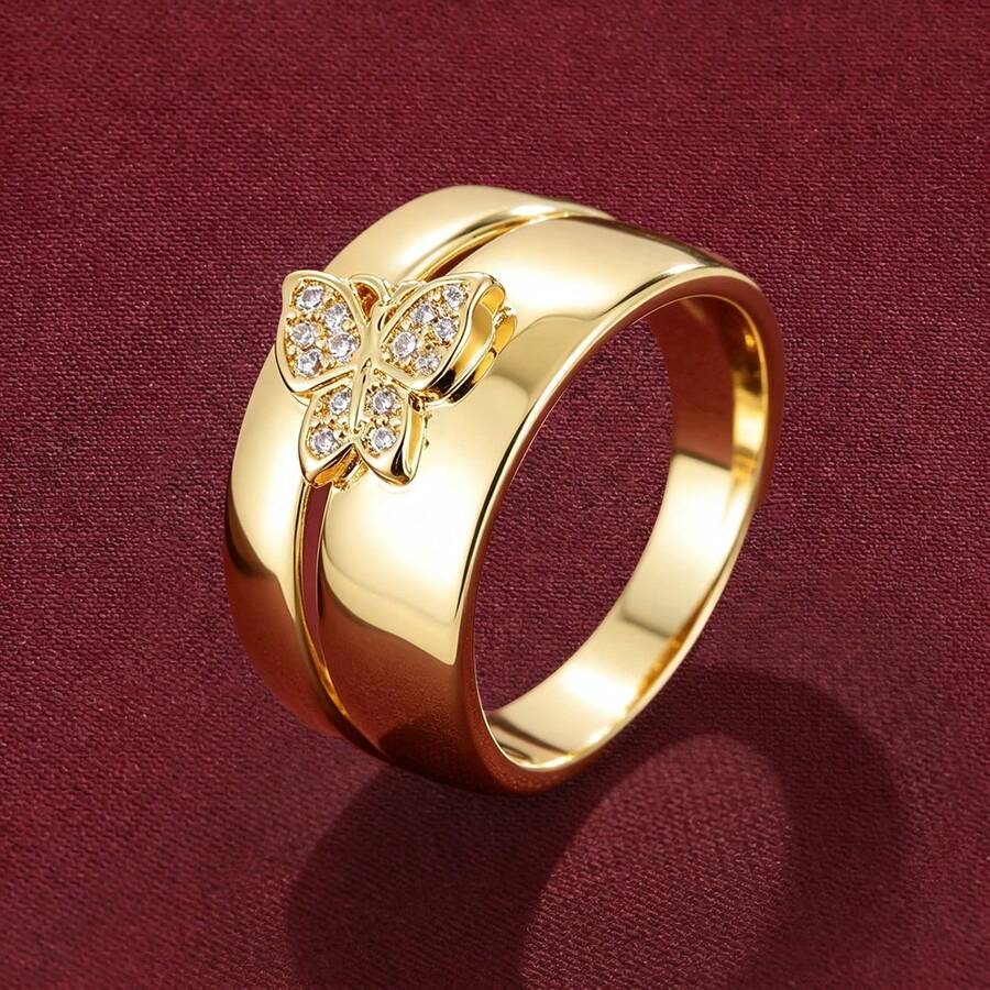 1pc Butterfly Shaped Fashion Ring With Artificial Zirconia Stones, Countryside Style - Multicolor - View 1