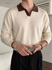 Men's Mercerized Patchwork Slim Fit Square Shoulder Airplane Collar Long Sleeve Sweater - Apricot - View 5