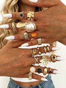 20/8/6pcs Vintage Luxury Casual Sunflower Tiger Eye Stone Flower Pearl Gold Rings Set, Suitable For Women's Daily Wear, Vacation, Party, Stacking - Gold - View 1