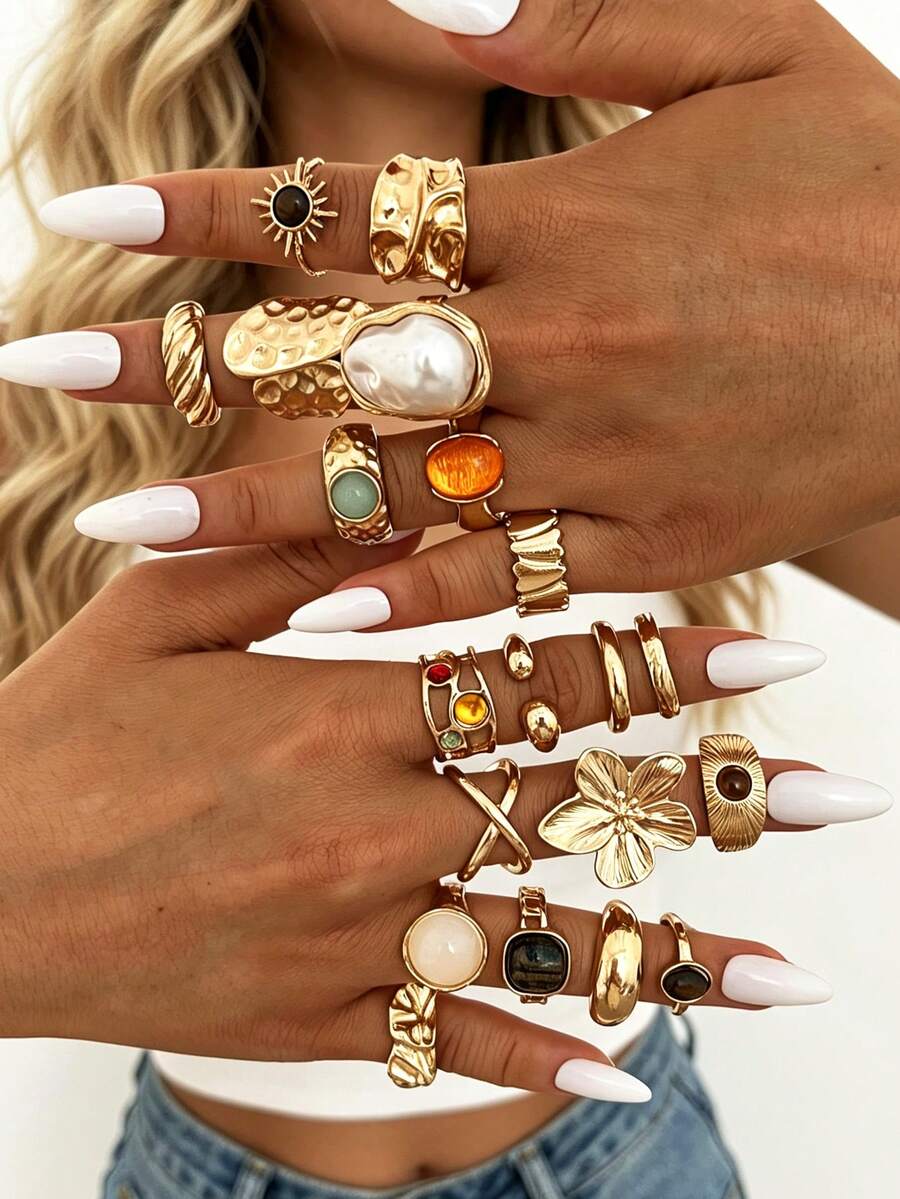 20/8/6pcs Vintage Luxury Casual Sunflower Tiger Eye Stone Flower Pearl Gold Rings Set, Suitable For Women's Daily Wear, Vacation, Party, Stacking - Gold - View 1