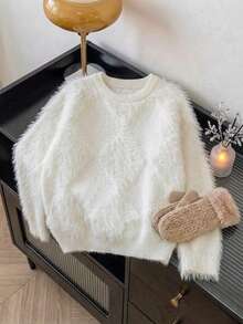 Girls' Elegant Solid Color Faux Mink Fur Round Neck Long Sleeve Knit Pullover Sweater, Suitable For Casual Wear In Spring, Autumn And Winter - White - View 2