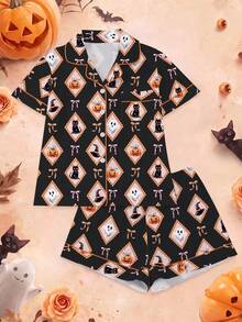 Halloween 2pcs Women's Pajama Set, Pumpkin Ghost Print, Holiday Women's Loungewear, Short Sleeve Lapel Top And Shorts, Can Be Worn As Outerwear - Multicolor - View 1