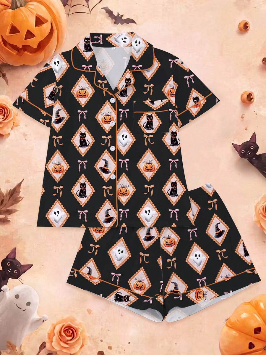Halloween 2pcs Women's Pajama Set, Pumpkin Ghost Print, Holiday Women's Loungewear, Short Sleeve Lapel Top And Shorts, Can Be Worn As Outerwear - Multicolor - View 1