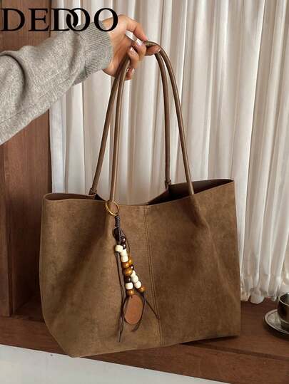 Dedoo Suede‑Like Large Capacity Tote Bag, Dual Handles No Pendant Vintage Lazy Shoulder Bag For Ladies Autumn Winter Commute Travel