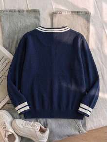 Tween Boys Academy Style Solid Color V-Neck Knit Cardigan Sweater Jacket Suitable For School Casual Spring Autumn Winter - Navy Blue - View 4
