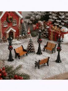 Mini Christmas Street Lamp & Park Bench Set, Holiday Use, Vintage Black Floral Lamp & Mini Wooden Bench, Winter Miniature Landscape 3D Decoration, Suitable For Christmas Desktop Fairy Garden Decor - Multicolor - View 10